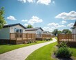 © Vadym - Exterior shot of caravan homes in a park on a sunny day. Modern holiday houses with wooden decks stand along a path. It is vacation and travel concept.