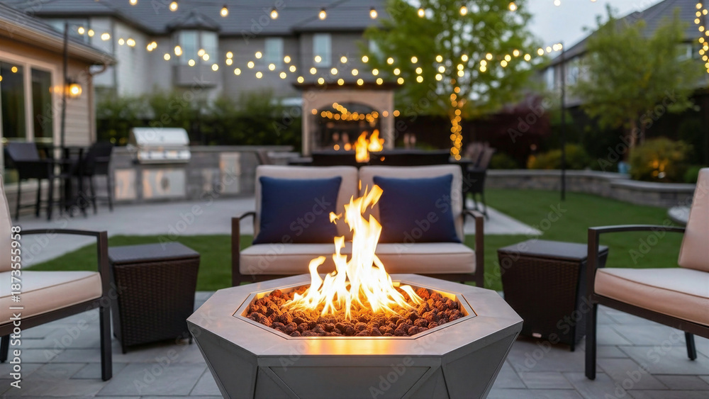Cozy outdoor fire pit with seating area illuminated by string lights at ...