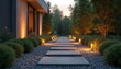 © Pete - Modern home exterior pathway with stone pavers, gravel, manicured bushes, and warm garden lights. Lush green trees flank the tranquil walkway leading to a serene, softly lit house.