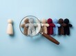 © Meow Creations - Wooden leader figure selecting gray knitted doll from diverse row using magnifying glass on blue