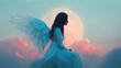 © red_orange_stock - Woman with wings sitting under a large moon near pink clouds at night