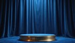 © Pete - Gold and blue velvet podium awaits winner on theater stage with heavy curtains. Empty award platform ready for ceremony, presentation, product launch.