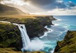 © Muhammad - Dramatic waterfall plunges from moss covered cliffs into the vast ocean under dynamic sky