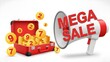© Khadiza - Promotional announcement of a mega sale with gold coins and suitcase