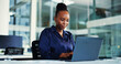 © OnPoint/peopleimages.com - Reading, black woman or laptop in business office for planning, investment project or forecast proposal. Market research, online report or financial analyst with profit opportunity idea, review or pc