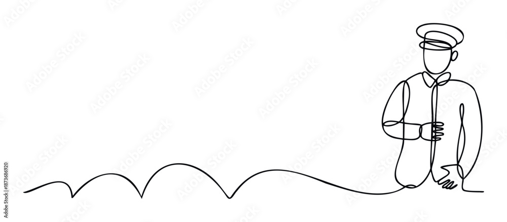 Minimalist continuous line drawing of a professional service staff member in a formal uniform with a cap, ideal for hospitality, customer service, or exclusive event branding projects.