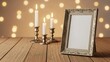 © rca - Ornate picture frame on wooden table with lit candles and glowing lights in background