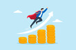 © VZ_Art - Flat illustration of businessman flying upward from rising coin stacks symbolizing financial growth success achievement and upward business momentum