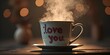 © Coffee_Reflections - White cup with I love you text and steam in warm light. AI Generated, Generative AI