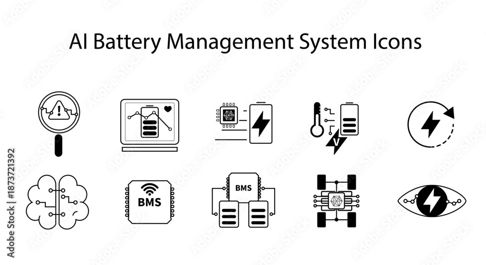 AI BMS Battery Icons: A collection of black-and-white vector icons ...