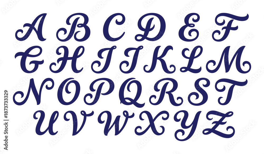 Dark blue cursive alphabet letters uppercase, elegant typography set ...