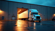 © Viktor - Large semi truck backs into illuminated warehouse loading dock. Trailer is bright white. Trucker operates vehicle in evening. Logistics hub prepares for cargo operations.