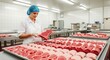 © Dean - Professional woman butcher in clean food processing facility displaying fresh raw meat cuts for sale