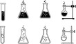 © Atika - Vector icon set of chemistry laboratory glassware including test tubes and flasks with bubbles in black silhouette and outline styles.