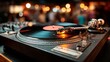 © LuDo - A vintage turntable playing a vinyl record, with warm bokeh lights in the background
