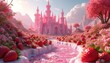 © Viktor - Pink fantasy castle sits in strawberry field. Pink river flows past lush nature. Bright sun shines on fairytale landscape. Beautiful dreamlike scenery.