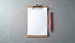 © Maryna - Clipboard with blank sheet and red pen on gray table. Empty paper on desk for writing notes, checklist, schedule. Ready to write business report summary or project outline.