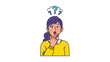 © Haider - Confused woman with hand on chin displaying uncertainty and questioning expression illustrated with floating blue question marks above her head