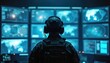 © Maryna - Soldier in tactical gear wearing headset watches multiple world maps on screens. Military personnel monitors global intelligence data. Future warfare operations room.