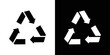 © Vector Studio - Recycle symbol icon in solid fill style, shown in black on white and white on black background. Ideal for recycling programs, sustainability graphics, and eco awareness designs.