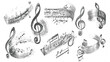 © appl - Collection of vintage musical notation scrolls and treble clefs presented in a detailed, textured style on a speckled background suggesting historical musical scores and artistic expression