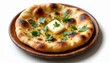 © Maryna - Hot garlic naan bread melts butter with herbs on top. This baked flatbread is served on a round wooden plate. Delicious Indian cuisine, tasty meal for lunch or dinner.