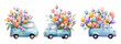 © Narin - Watercolor tulip set with vintage delivery van and spring bouquets, floral truck illustration, isolated vector design for botanical wedding cards and seasonal prints. Vector illustration.