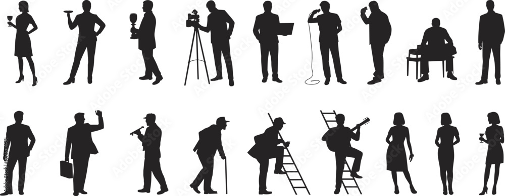 Professional people silhouettes collection, business workers musicians photographers service staff poses, diverse occupations concept, black human figures, isolated on white background