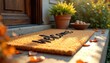 © Maryna - Entrance of house with welcome doormat and autumn leaves. Plant pot decorates doorstep. Cozy brown rug at door. Inviting home decor. Natural autumn color grade. Warm welcome concept.