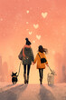© Милана - Couple walking dogs with floating hearts on romantic winter evening