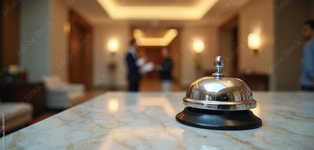 Concierge bell sits on a marble reception counter. Hotel workers talking in lobby. Service staff ready to welcome visitors, clients at luxurious resort. Trip, travel concept for business or vacation.