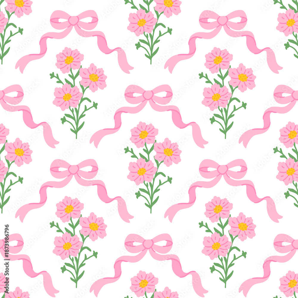 Preppy coquette seamless pattern with pink bow ribbon and bouquet of ...