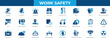 © SokretiRani - Work safety icon set collection in solid glyph style, goggles, hard hat, engineer, exit, first aid, glove, and an icon pack containing safety.