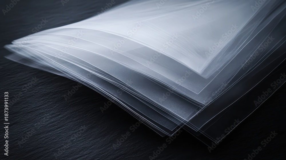 Stacked thin layers of translucent vellum paper with subtle light ...