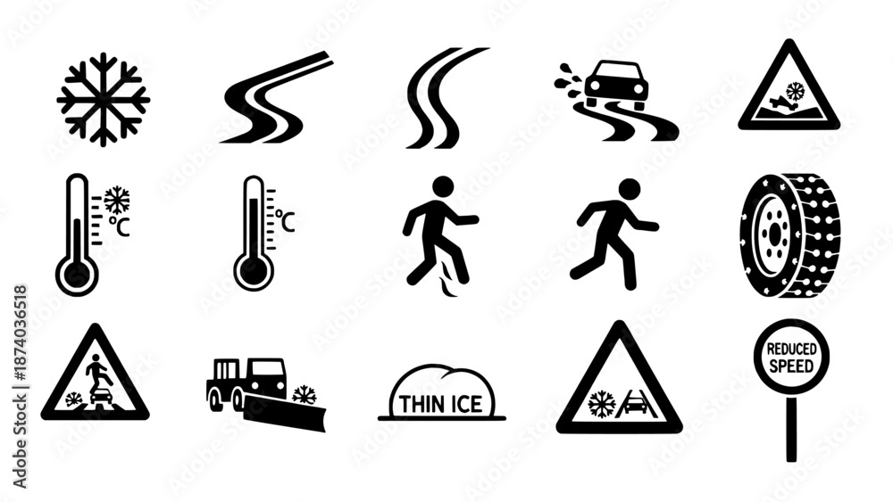 Driving Weather Signs Crucial winter weather and road safety icons for hazardous driving ...