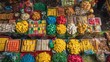 © Kosvintseva - Top-down view of vibrant Indonesian snack market stall Kue Lapis Pisang Goreng colorful array in Indonesia