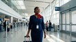 © ArtMajestic - Black woman flight attendant, stewardess walking with suitcase in airport terminal and smiling. Air travel and professional career banner with copy space