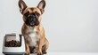 © Leo - French bulldog sitting next to dog food bowl on white background. Space for text