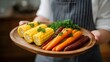 © Bussakon - A rustic wooden platter overflowing with colorful cooked corn carrots and fresh herbs showcasing a healthy harvest