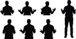 © Hey World - Silhouette set of man sitting and standing while explaining or presenting gestures, communication and teaching concept isolated on white background, business, education and presentation posesWeb