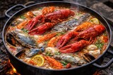 Traditional boiling soup loaded with various crustaceans and fish