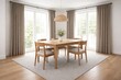 © AbstractAI - Simple dining room with wooden flooring, white walls, a gray area rug, and big windows covered by thick curtains