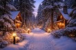 © vxnaghiyev - Snow clad pathway between trees and houses during dusk hours