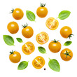 © David - Close-up flat lay: vibrant yellow cherry tomatoes (whole, halved with seeds) and bright green basil leaves scattered on a transparent. Fresh healthy food concept