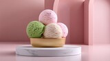 Colorful Ice Cream Scoops in Elegant Gold Bowl on Pink Background with Modern Design Elements