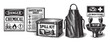© no one - A black and white illustration depicting essential chemical safety equipment and warning signs, including a danger chemical sign, safety data sheet, spill kit, apron, and eye wash station.