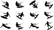 © MstMousumi - Set of black wakeboarding and kitesurfing athlete silhouettes performing tricks isolated on white background for extreme sports design projects