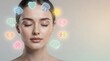 © watcharee - A serene woman with closed eyes surrounded by colorful icons representing emotions, thoughts, and mental states, symbolizing introspection and mindfulness.