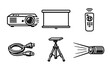 © King558 - Home Projector Setup. Home projector setupset in outline vector style projector device, projection screen, remote control, power cord, adjustable stand, light beam