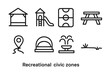 © Fortune228 - Civic Zone Icons. Recreational Civic Zones set in outline vector style: park pavilion, playground icon, sports field outline, picnic table, walking path marker,